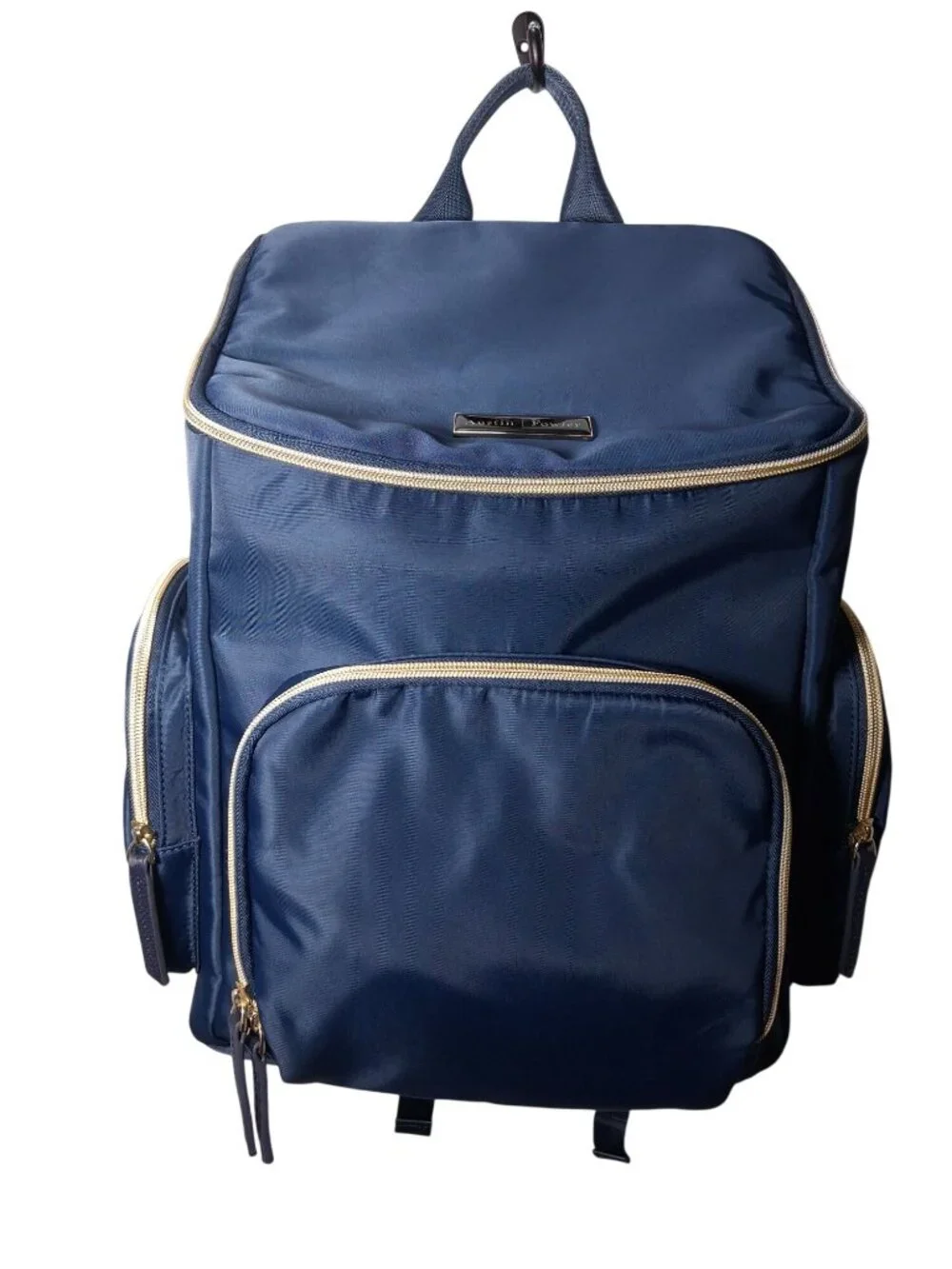 Austin Fowler Navy Diaper Backpack With Gold Zippers And Multiple Compartments
